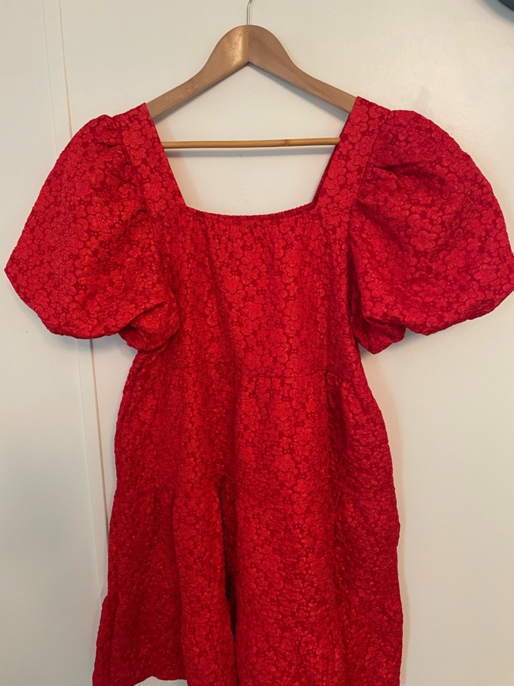Southern Grace Jasmine Bright Red Puff-Sleeve Tiered Baby Doll Dress Size L - Picture 4 of 10